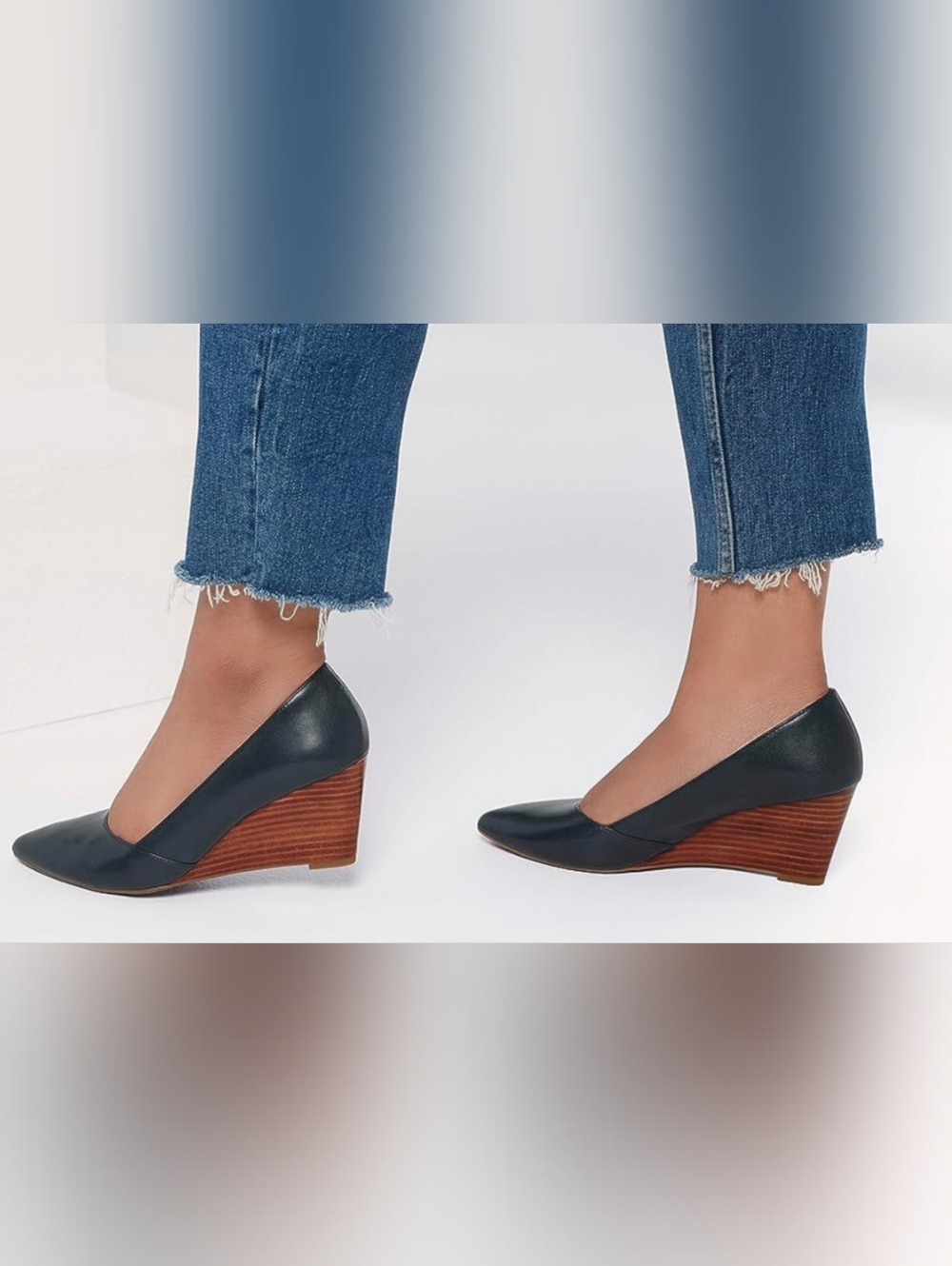 Classic Navy Leather Wedge Pump - Women's